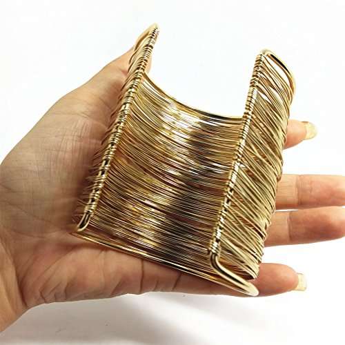 QTMY Alloy Metal Gold Thin Thread Wire Open Cuff Wide Bracelet Bangle
