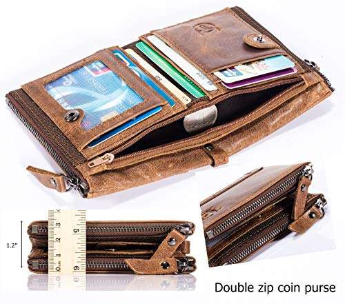 BULLCAPTAIN Genuine Leather Wallet for Men Vintage Bifold with Double Zipper Pockets (Brown)
