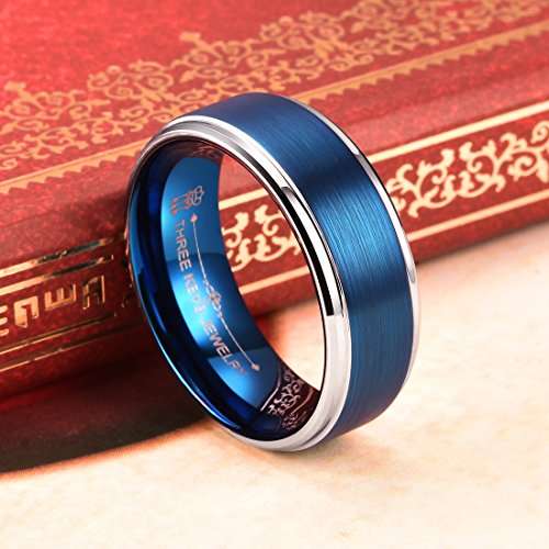 Three Keys Jewelry 8mm Mens Tungsten Wedding Ring Blue Brushed Silver Edge Wedding Band Engagement