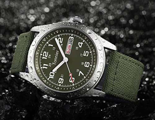 Tonnier Men's Weekender&Calendar Analog Green Canvas Strap Mans Watches