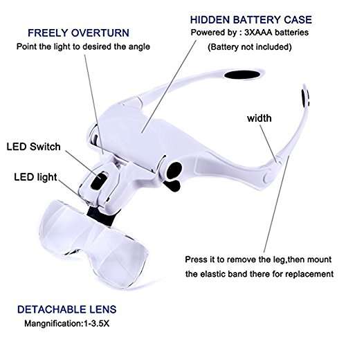 Diagtree Head Mount Magnifier with 2 Led Professional Jeweler's Loupe Light Bracket and Headband ar
