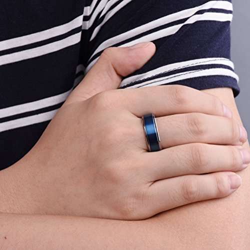 Three Keys Jewelry 8mm Mens Tungsten Wedding Ring Blue Brushed Silver Edge Wedding Band Engagement