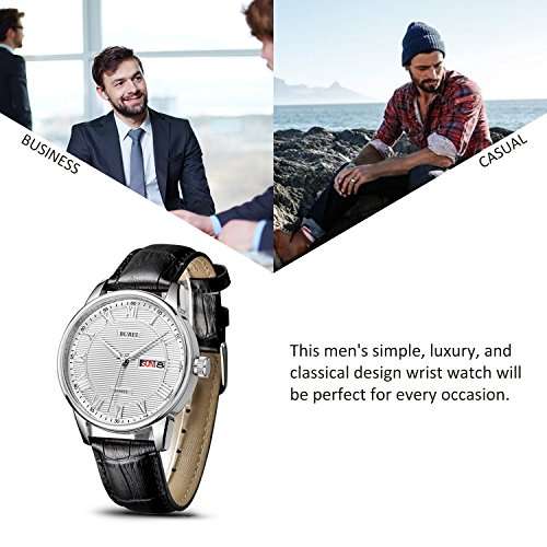 BUREI Men's Business Analogue Quartz Wrist Watch with Day Date Calendar and Calfskin Leather Band
