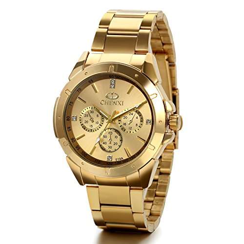 JewelryWe Birthday Gifts Mens Wrist Watches Gold Stainless Steel Analog Black Dial with Rhinestones