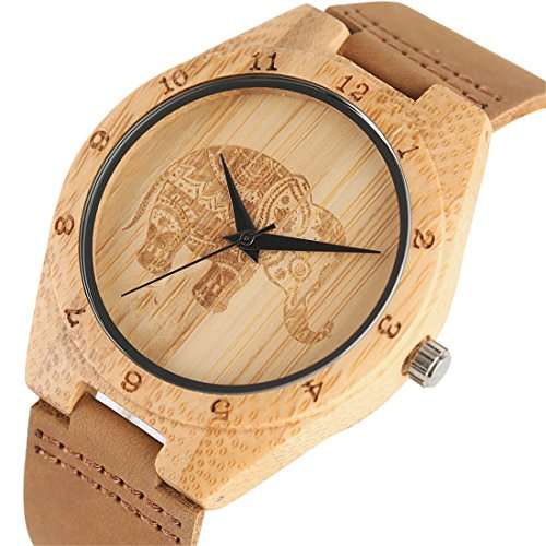 Unisex Bamboo Wood Quartz Watch Elephant Engraving Dial With Brown Genuine Leather Band Wooden Case