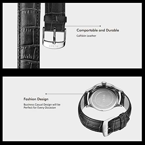 BUREI Men's Business Analogue Quartz Wrist Watch with Day Date Calendar and Calfskin Leather Band