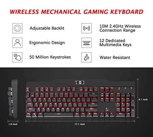Mechanical Keyboard, UtechSmart Mercury LED Backlit Full Size 2.4 GHz Wireless/USB Wired Dual..