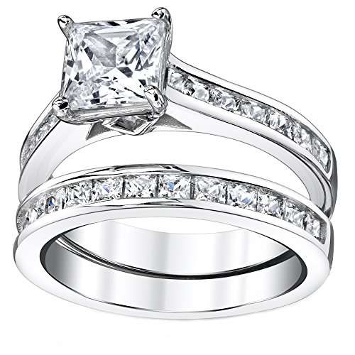 Sterling Silver Princess Cut Bridal Set Engagement Wedding Ring Bands With Cubic Zirconia