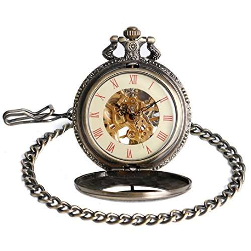YISUYA Vintage Bronze Mechanical Hand-Wind Pocket Watch Hollow Steampunk Roman Number Di..
