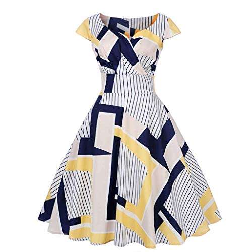 COPPEN Dresses for Women Party Prom Vintage 1950s Retro Short Sleeve V-Neck Swing Dress Yellow