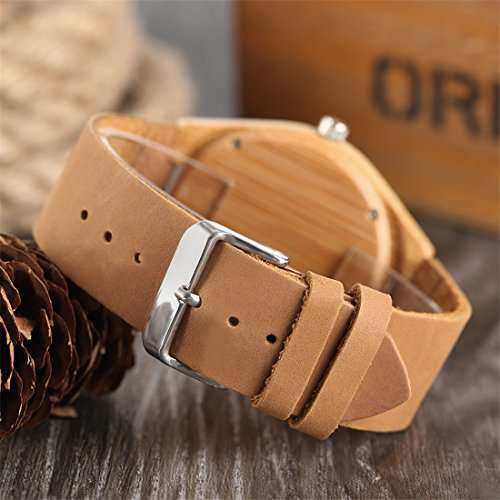 Unisex Bamboo Wood Quartz Watch Elephant Engraving Dial With Brown Genuine Leather Band Wooden Case