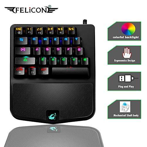 FELiCON One Handed Mechanical Gaming Keyboard RGB LED 9 Kind of Backlit Mode Single Hand Game..