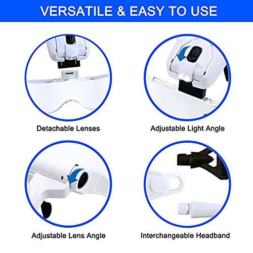 Diagtree Head Mount Magnifier with 2 Led Professional Jeweler's Loupe Light Bracket and Headband ar