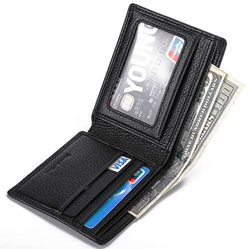 Genuine Leather Bifold Wallet with 3 Card Slots and ID Window For Mercedes Benz (Black, Merce..
