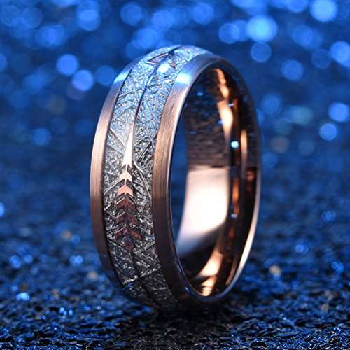 Three Keys 8mm Tungsten Wedding Ring for Men Domed Imitated Meteorite Arrows Inlay Rose ..