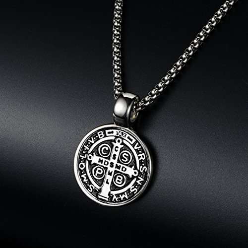 ENHONG Men's St Benedict Exorcism Pendant Necklace Stainless Steel Catholic Roman Cross Demon Prote
