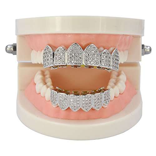 JINAO 18K Gold Plated Macro Pave CZ Iced-Out Grillz with Extra Molding Bars Included (Si..