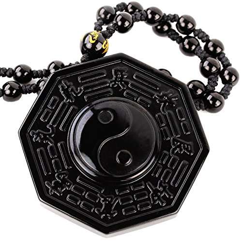 SCOO Jewelry Natural Black Obsidian Round Tai Chi Gossip Pendant Extend Bead Necklace