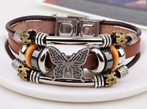 Most Beloved Charm Butterfly Beaded Multilayer Leather Bracelet Retro Cuff With Metal Clasp