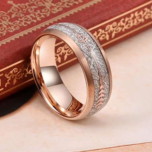 Three Keys 8mm Tungsten Wedding Ring for Men Domed Imitated Meteorite Arrows Inlay Rose ..