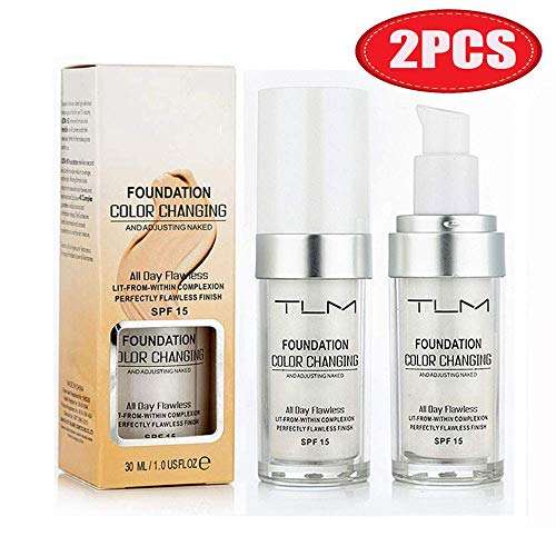 2PCS TLM Flawless Colour Changing Warm Skin Tone Foundation, Makeup Base Nude Face Liquid Cover Conc