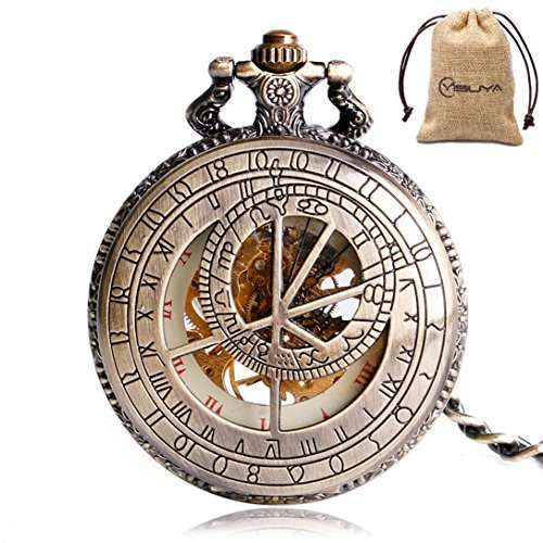 YISUYA Vintage Bronze Mechanical Hand-Wind Pocket Watch Hollow Steampunk Roman Number Di..