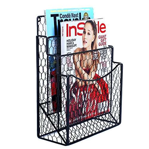 MyGift Black Chicken Wire Magazine Rack, Wall Mount 3 Slot Document Organizer