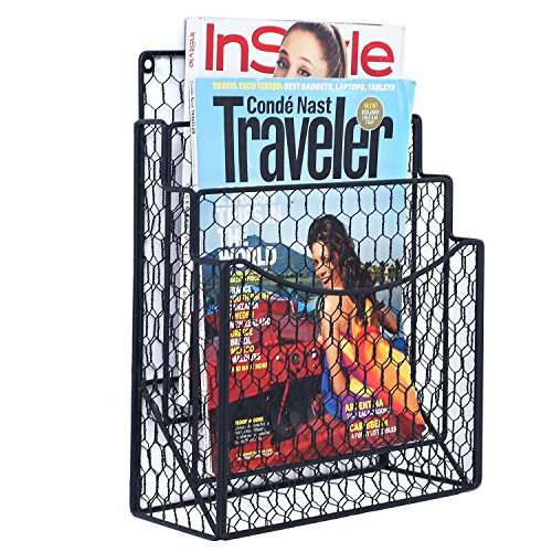 MyGift Black Chicken Wire Magazine Rack, Wall Mount 3 Slot Document Organizer