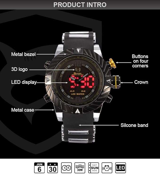 SHARK DUAL LED CHRONOGRAPH GOBLIN ALARM WATCH W/ BOX, PAPERS, LOADED!!