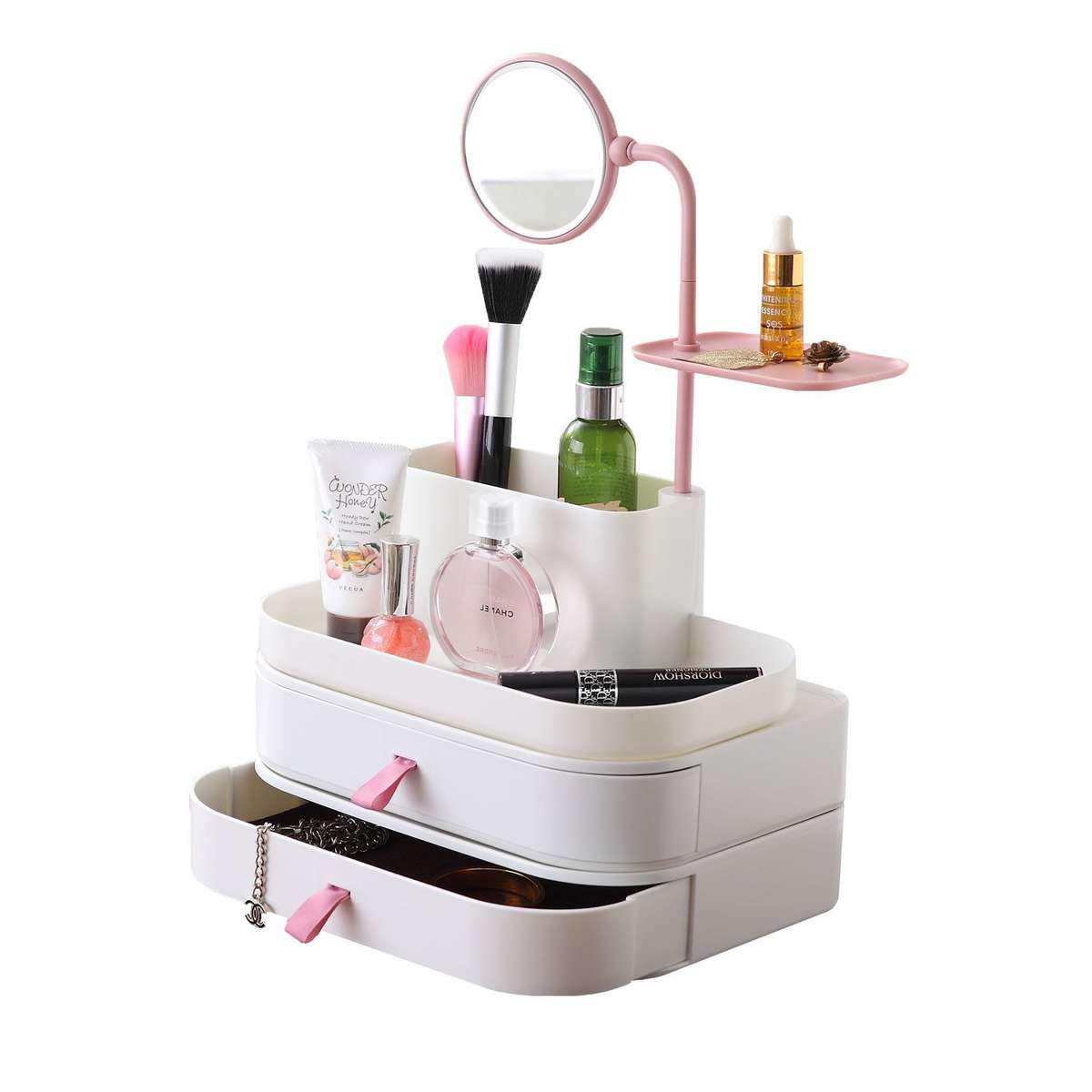 Stylish Makeup Organizer with Rotatable Mirror, Multi-functional Plastic Cosmetic Jewelry Drawer Box