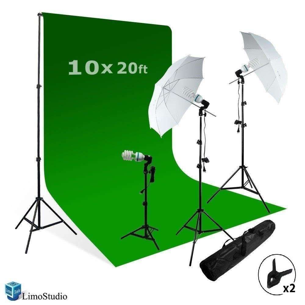 Green Screen Background Support with 10' x 20' Green Muslin Backdrop + Umbrella Lighting Kit