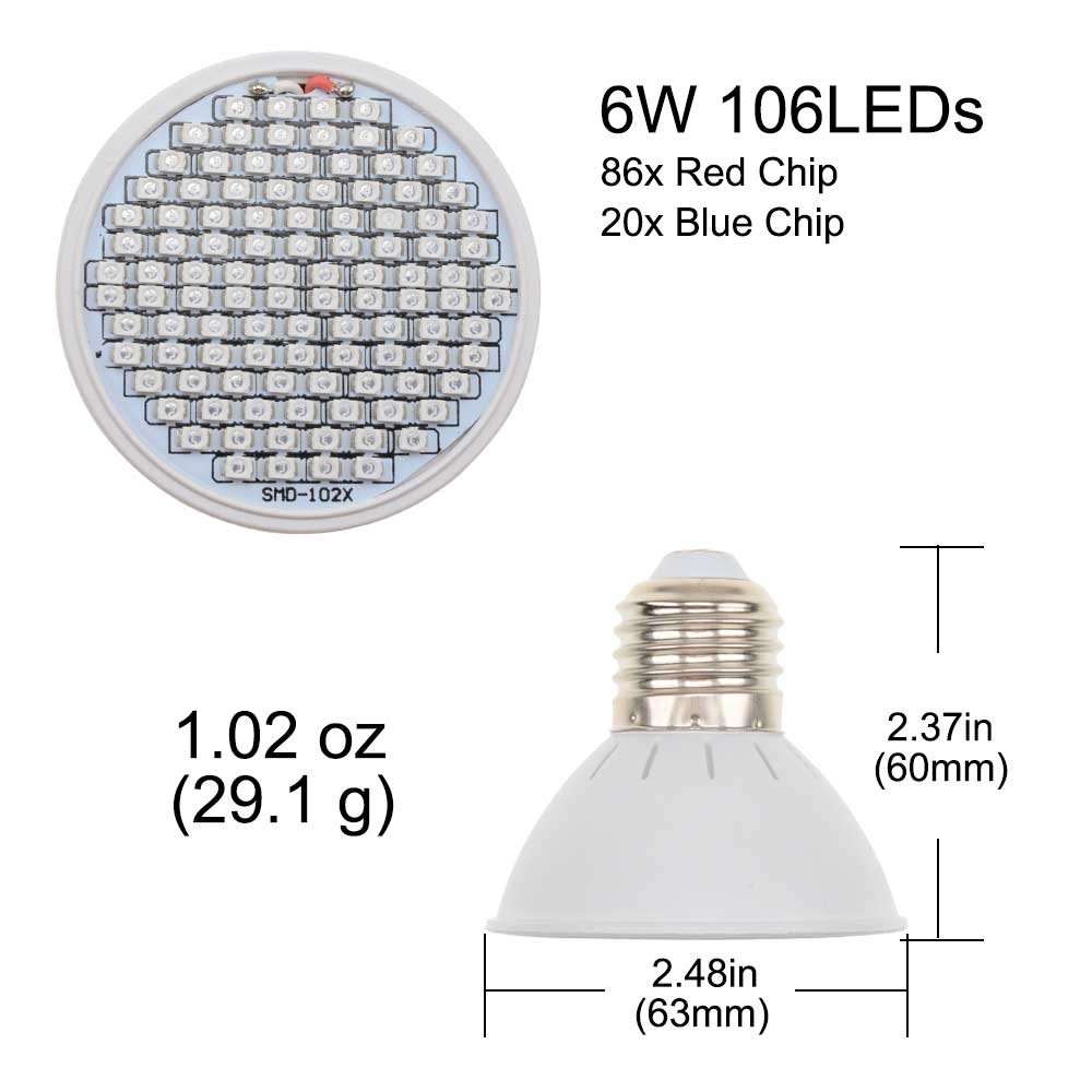 E27 6W Red Blue LED Growing Light 102 LEDs Full Spectrum