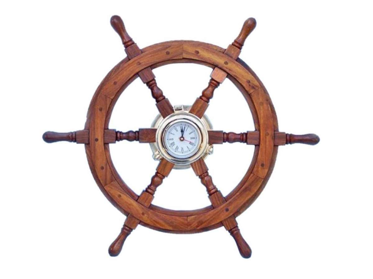 Hampton Nautical  Deluxe Class Wood and Brass Ship Wheel Clock 24" - Decorati...