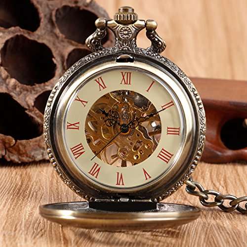 YISUYA Vintage Bronze Mechanical Hand-Wind Pocket Watch Hollow Steampunk Roman Number Di..