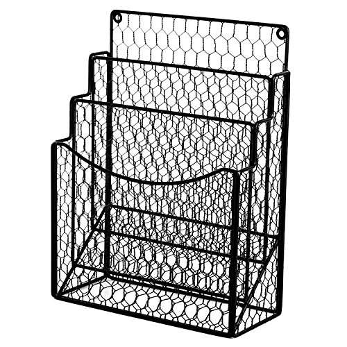 MyGift Black Chicken Wire Magazine Rack, Wall Mount 3 Slot Document Organizer