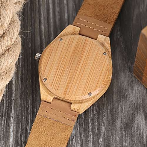 Unisex Bamboo Wood Quartz Watch Elephant Engraving Dial With Brown Genuine Leather Band Wooden Case