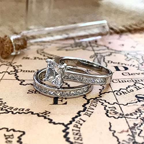 Sterling Silver Princess Cut Bridal Set Engagement Wedding Ring Bands With Cubic Zirconia