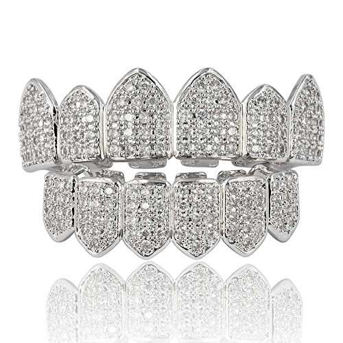 JINAO 18K Gold Plated Macro Pave CZ Iced-Out Grillz with Extra Molding Bars Included (Si..