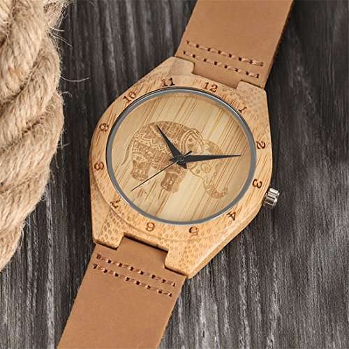 Unisex Bamboo Wood Quartz Watch Elephant Engraving Dial With Brown Genuine Leather Band Wooden Case