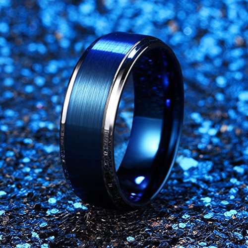 Three Keys Jewelry 8mm Mens Tungsten Wedding Ring Blue Brushed Silver Edge Wedding Band Engagement