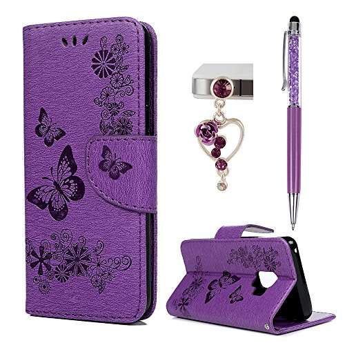 S9 Case, Samsung Galaxy S9 Case, Wallet Case Cover 3D Embossed Butterfly Totem Mandala Flower Flora