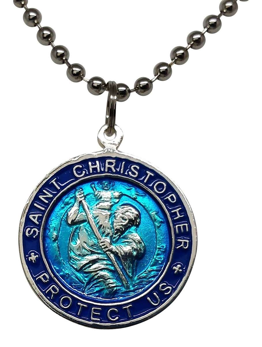 St. Christopher Surf Necklace Large Pendant Aqua Blue with Navy Rim 23 Inch B...