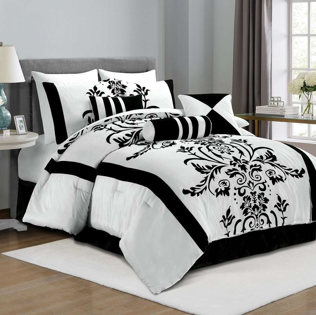 3-Piece White with Black Floral Flocking duvet Set, Queen