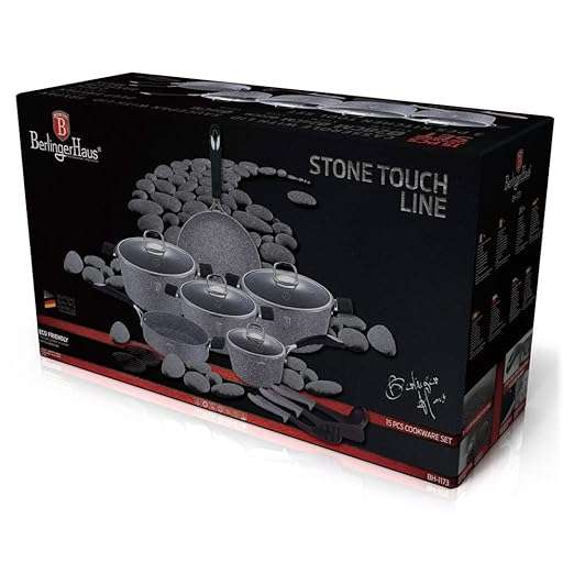 Berlinger Haus -15 Pieces Gray Stone Touch Line Marble Coating Cookware Set - Gray/Black