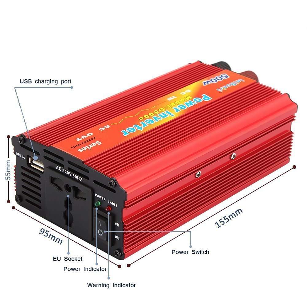 500W Power Inverter 12V DC to 220V AC With USB Ports, Battery Clips & Lighter Plug