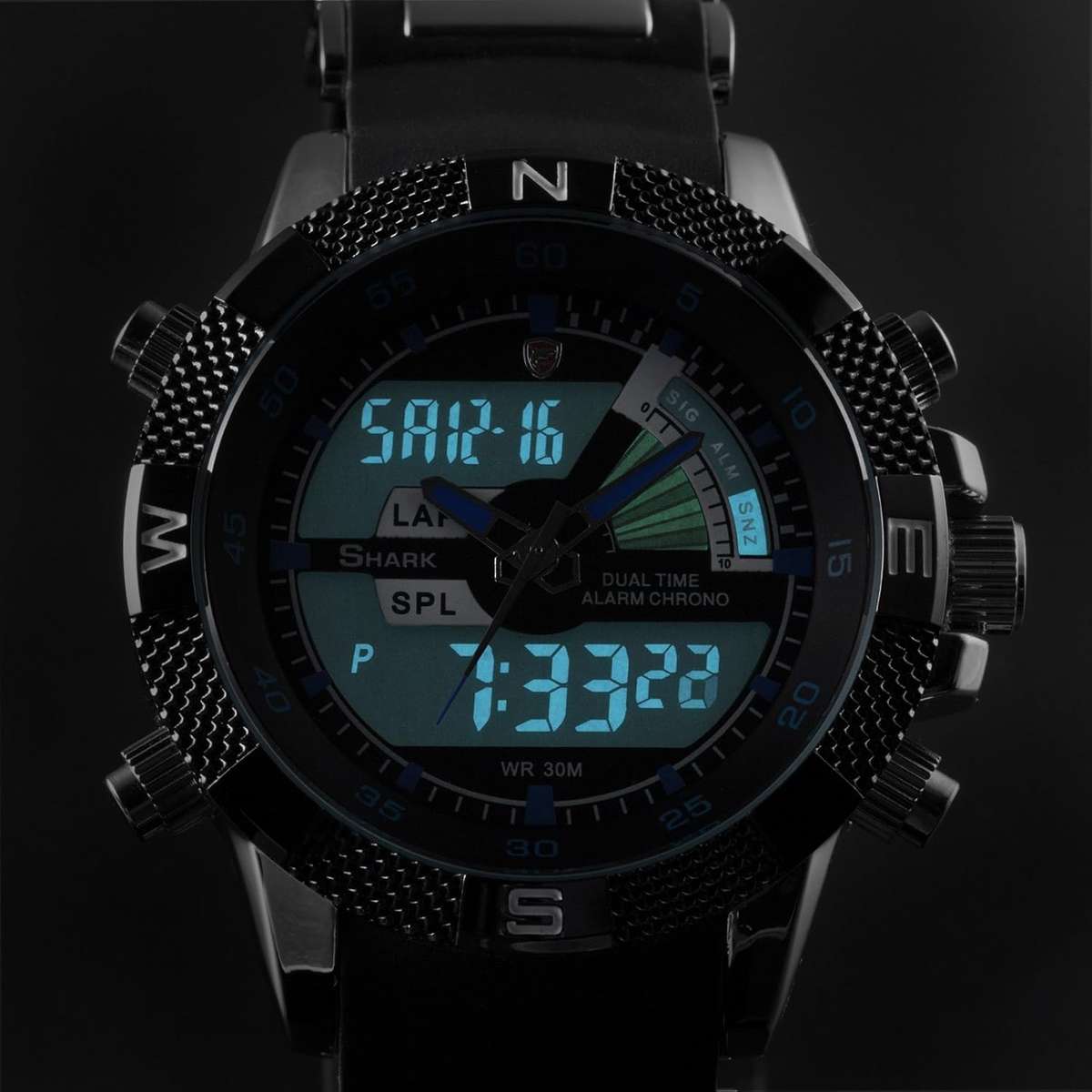 SHARK DUAL LED CHRONOGRAPH PORBEAGLE WATCH W/ BOX, PAPERS, LOADED!!