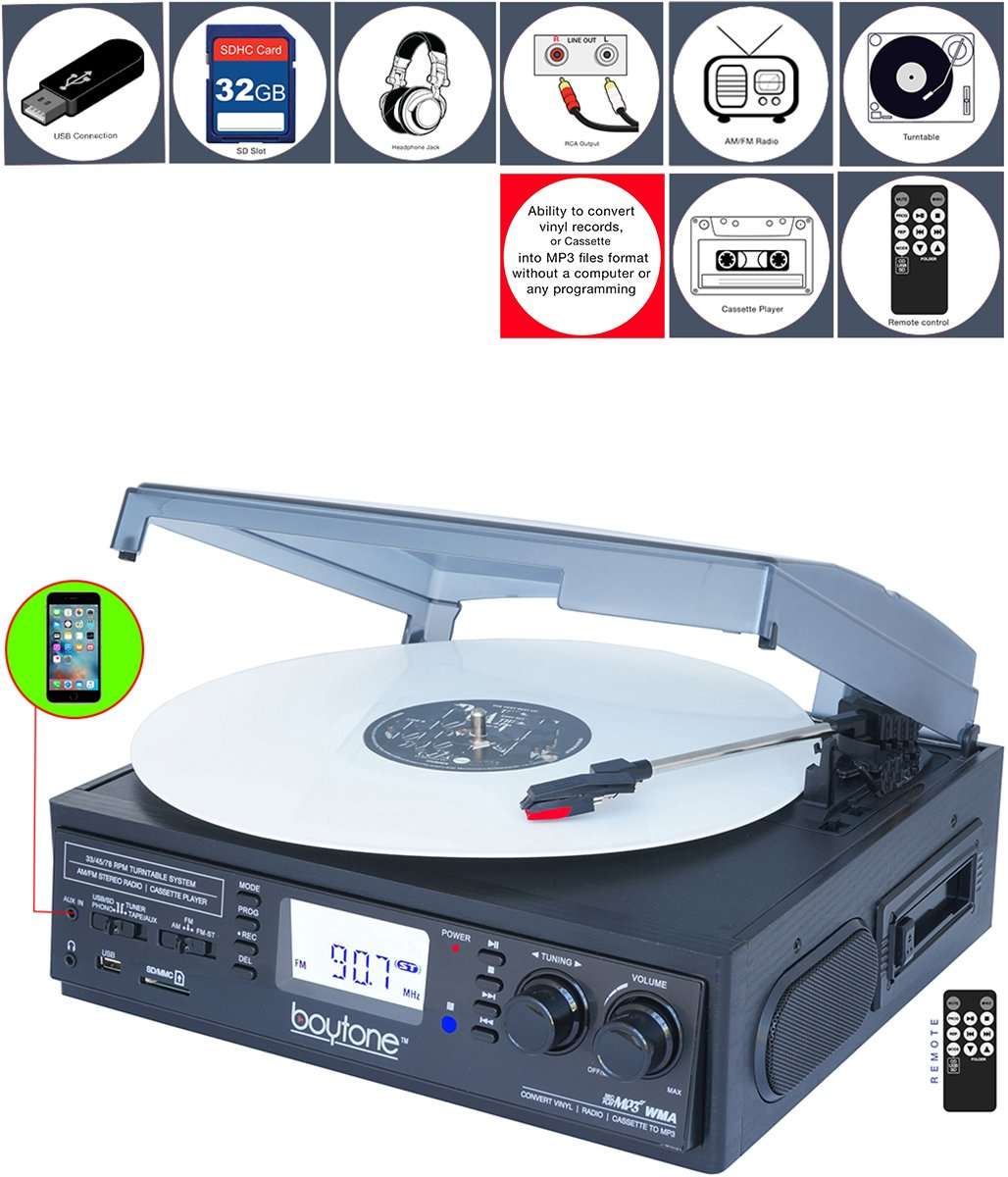 Boytone BT-19DJB-C 3-speed Turntable 2 Built in Speakers Large Digital Displa...