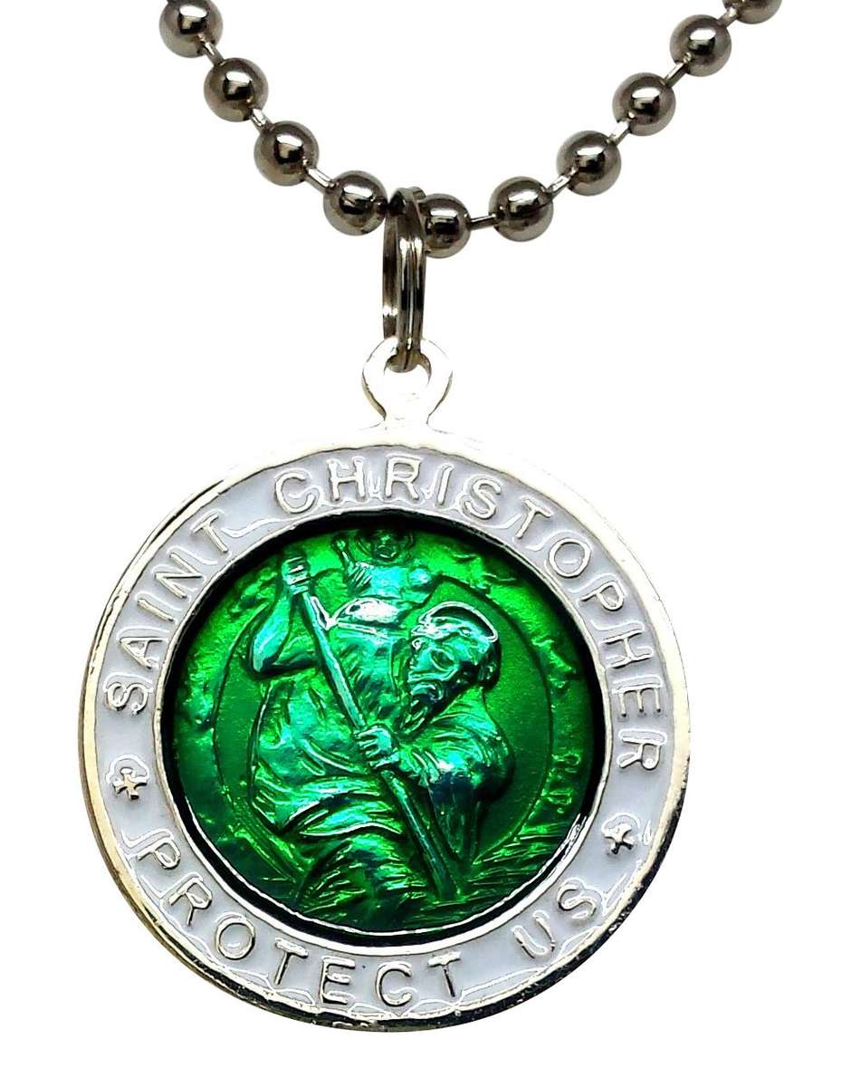 St. Christopher Surf Necklace Large Pendant Green with White Rim 23 Inch Ball...