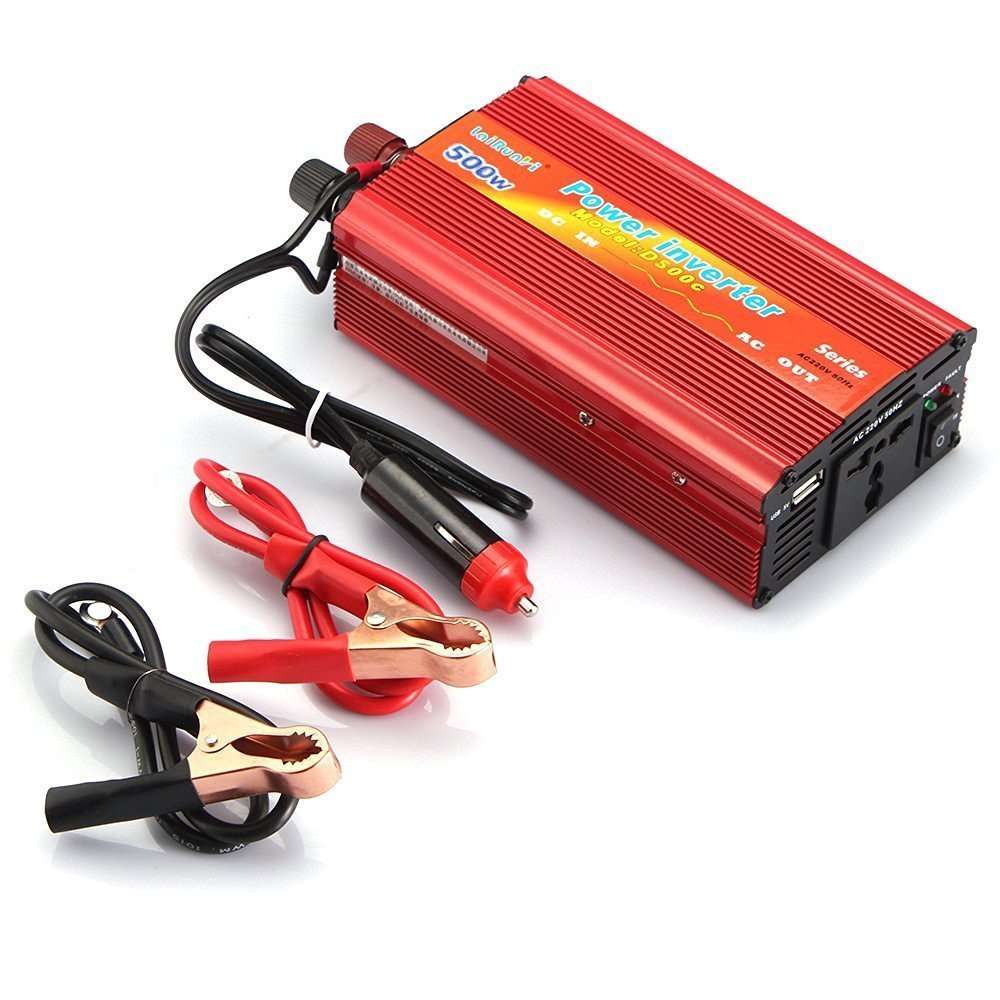 500W Power Inverter 12V DC to 220V AC With USB Ports, Battery Clips & Lighter Plug