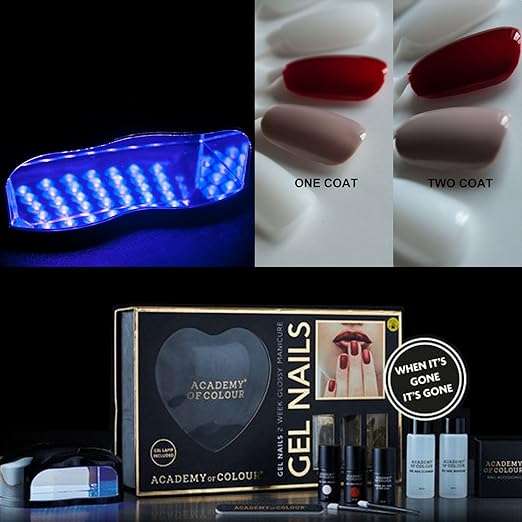 Academy of Colour Gel Nail Polish Manicure Complete DIY Starter Kit Set UV Lamp plus 2 Colours